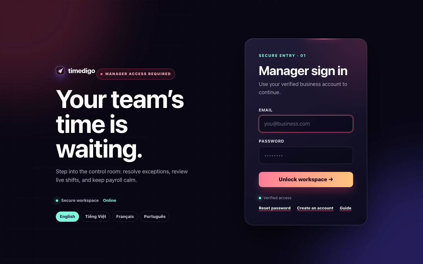 The Timedigo manager sign-in page