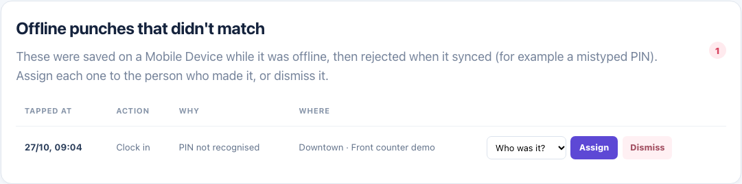An offline punch waiting to be assigned