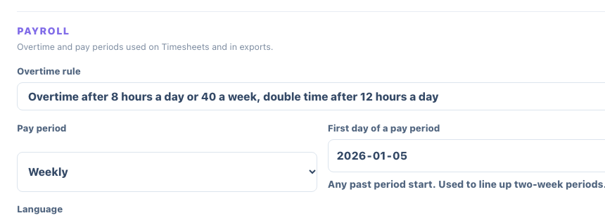 Payroll settings with overtime rule and pay period
