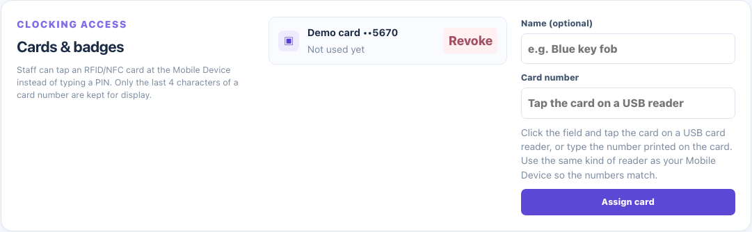 Assigning an RFID card to a staff member