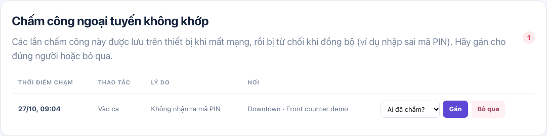 Một lần chấm công ngoại tuyến đang chờ gán