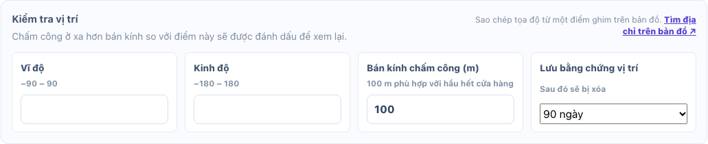 Kiểm tra vị trí với vĩ độ, kinh độ và bán kính